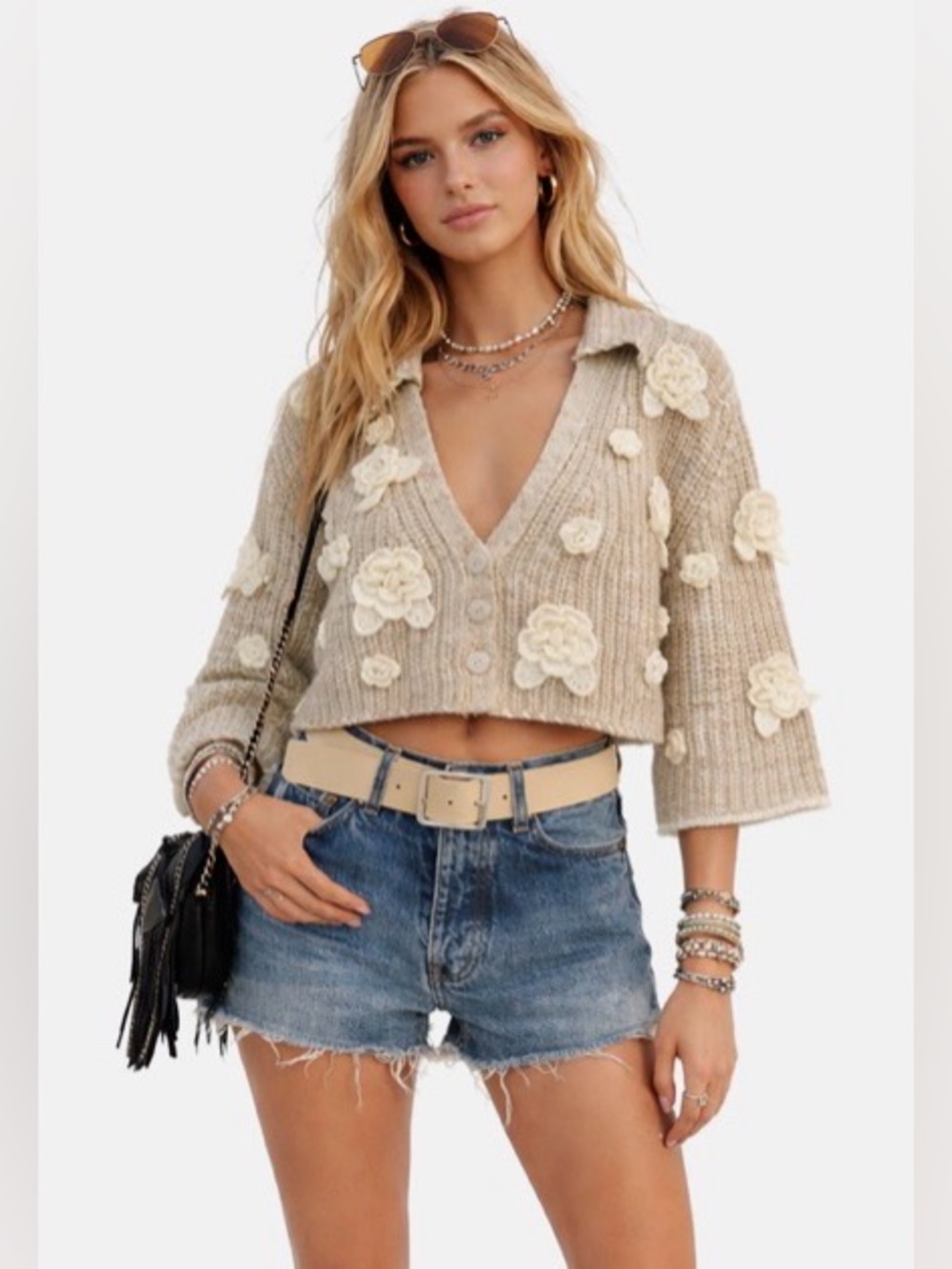For Love & Lemons Ivy Cropped Cardigan 3D Flowers Oversized Heavy Knit Size S